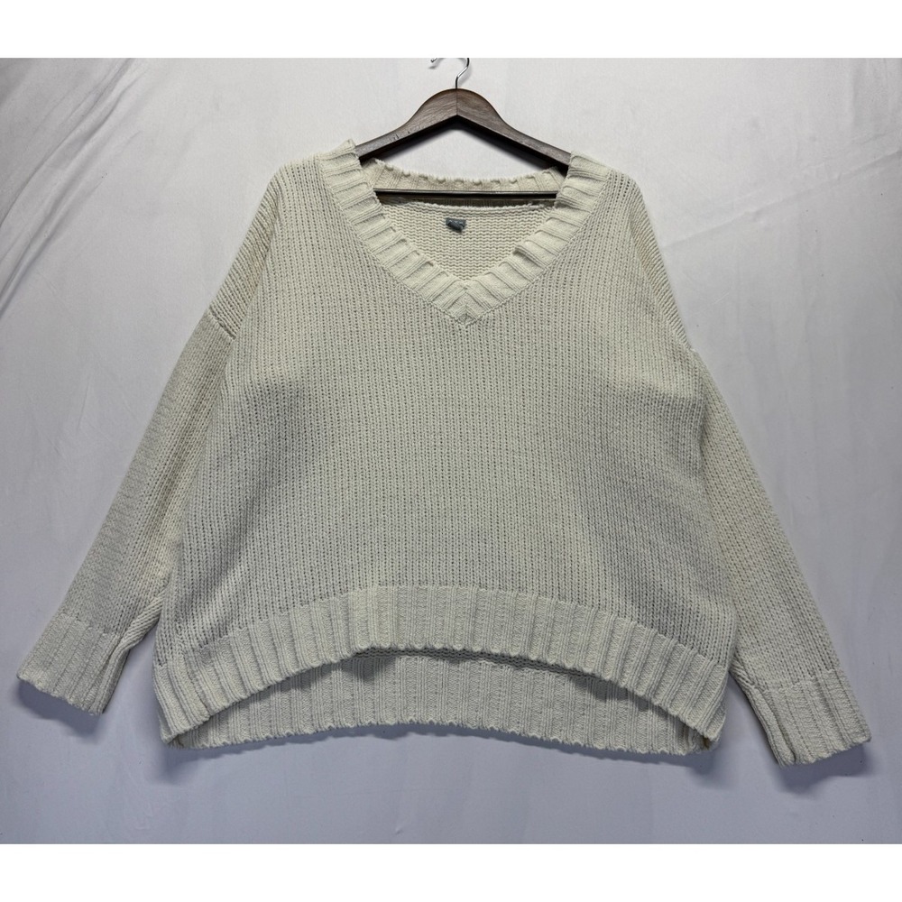 Aerie Oversized Sweater Women Small Cream Drop Shoulder Tight Knit Ribbed V Neck